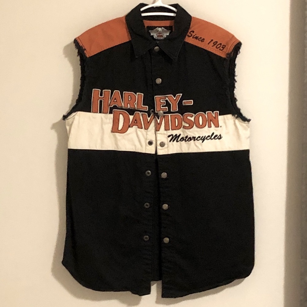 Harley-Davidson Black Orange White Sleeveless Button Front Vest